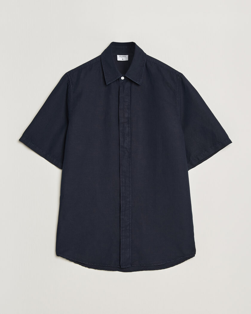 Filippa K Cotton/Linen Short Sleeve Shirt Navy – Blauw