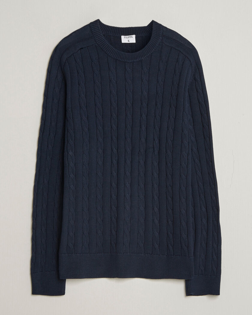 Filippa K Cotton Cable Crew Neck Sweater Navy – Blauw