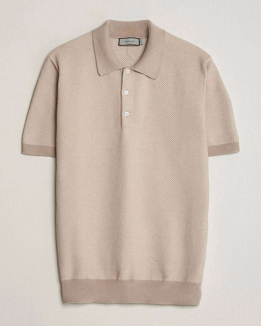 Canali Textured Knit Short Sleeve Polo Light Beige – Beige