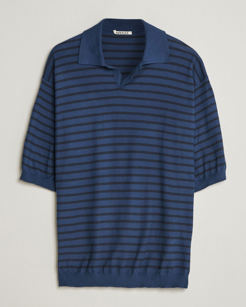 Auralee Cotton Knit Skipper Polo Navy Stripe – Blauw
