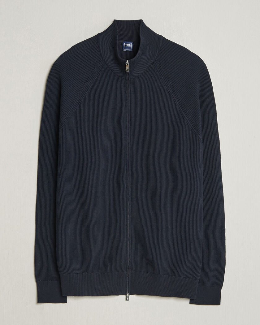 Fedeli Giza Cotton Full Zip Sweater Navy – Blauw