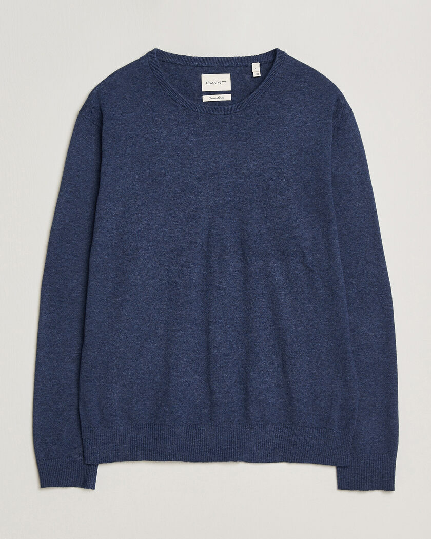 GANT Cotton/Linen Slub Knitted Sweater Dark Indigo Melange – Blauw