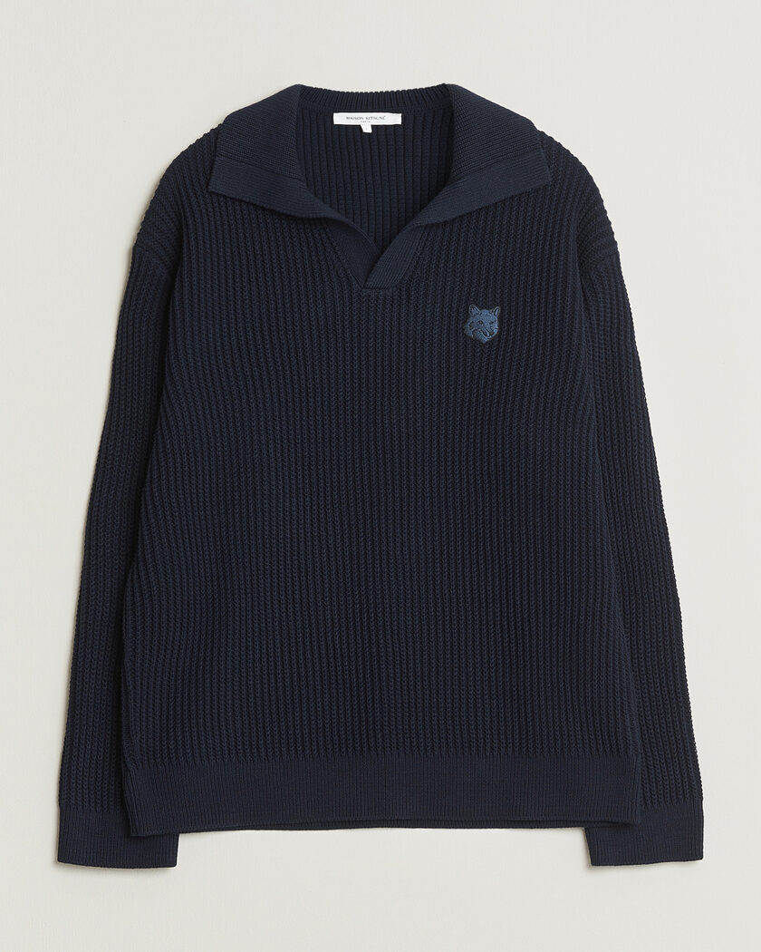 Maison Kitsuné Tonal Fox Head Rib Knitted Polo Navy – Blauw