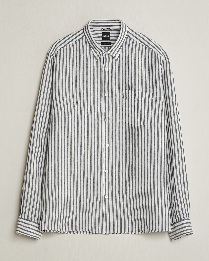 BOSS BLACK Liam Striped Linen Shirt Dark Blue – Blauw