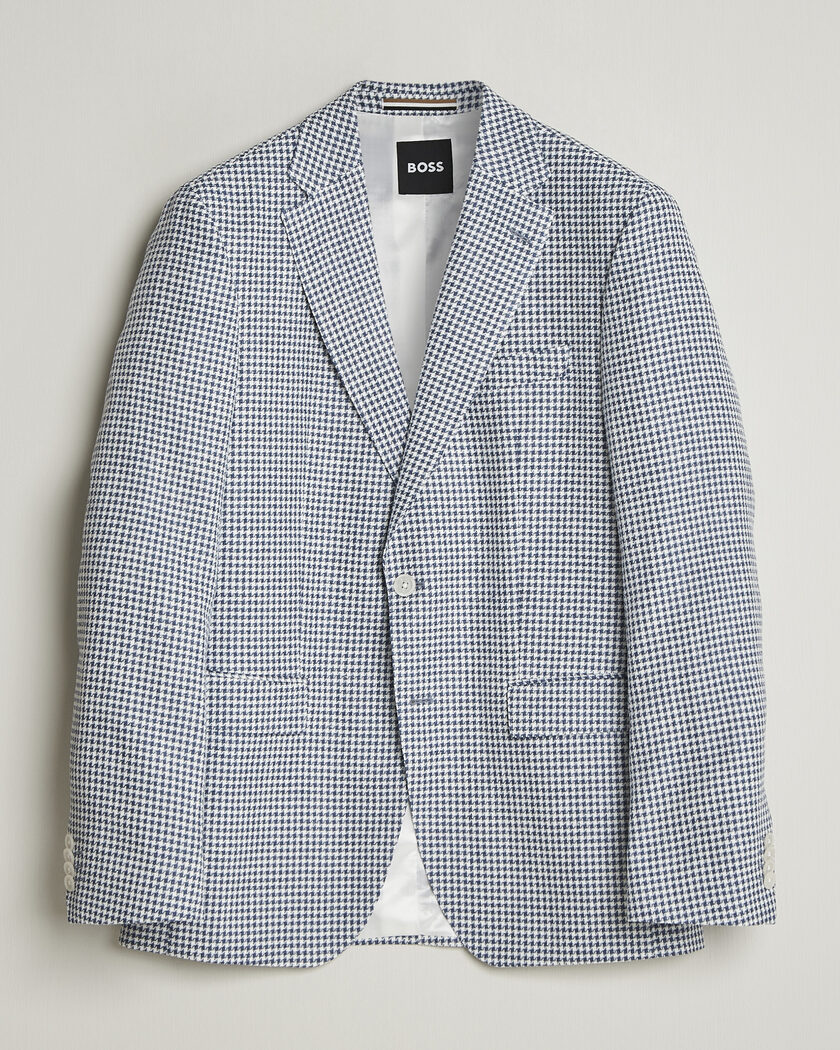 BOSS BLACK Hutson Linen/Cotton Houndstooth Blazer Open Blue – Blauw