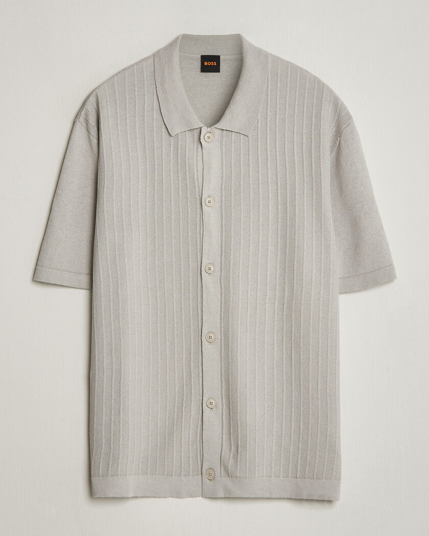BOSS ORANGE Amicino Linen/Cotton Knitted Shirt Beige – Grijs
