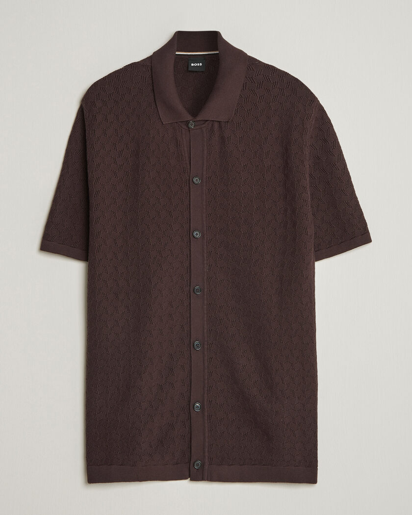BOSS BLACK Nappo Knitted Short Sleeve Shirt Dark Brown – Bruin