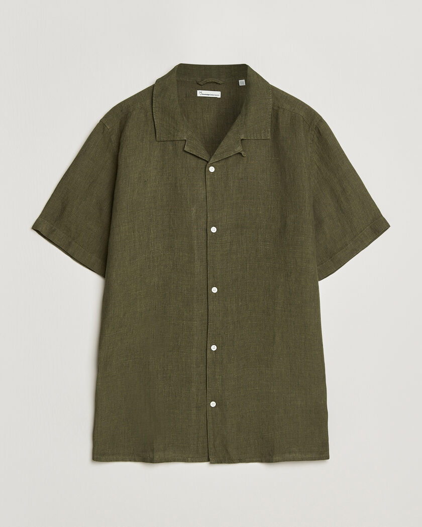 KnowledgeCotton Apparel Short Sleeve Linen Resort Shirt Burnt Olive – Groen