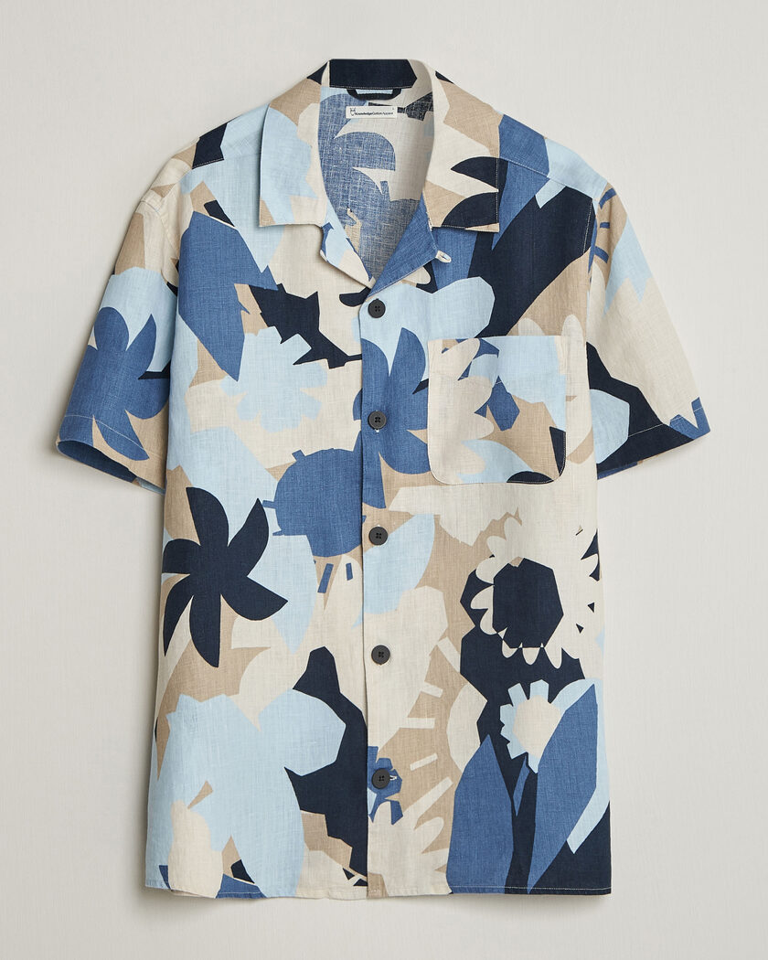 KnowledgeCotton Apparel Relaxed Printed Linen Short Sleeve Shirt Blue – Blauw