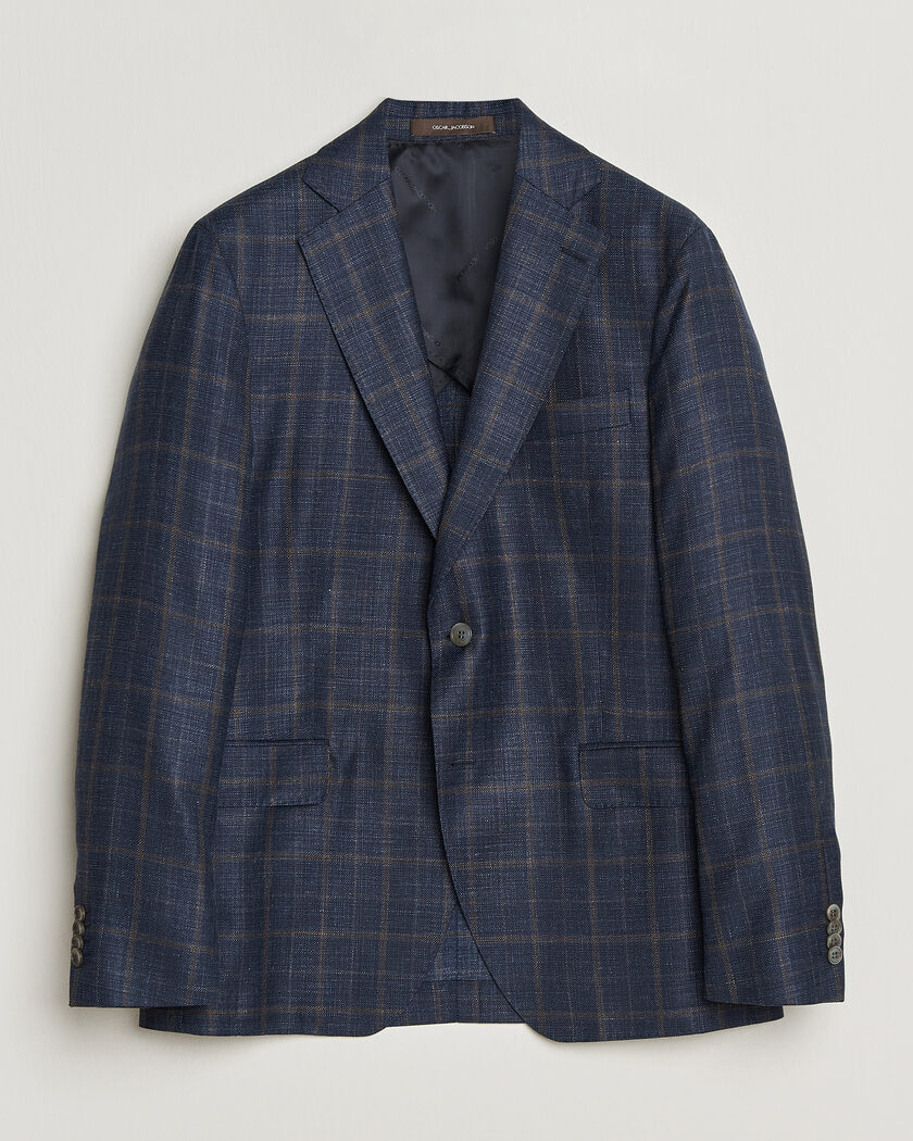 Oscar Jacobson Ferry Patch Loro Piana Summertime Checked Blazer Navy – Blauw
