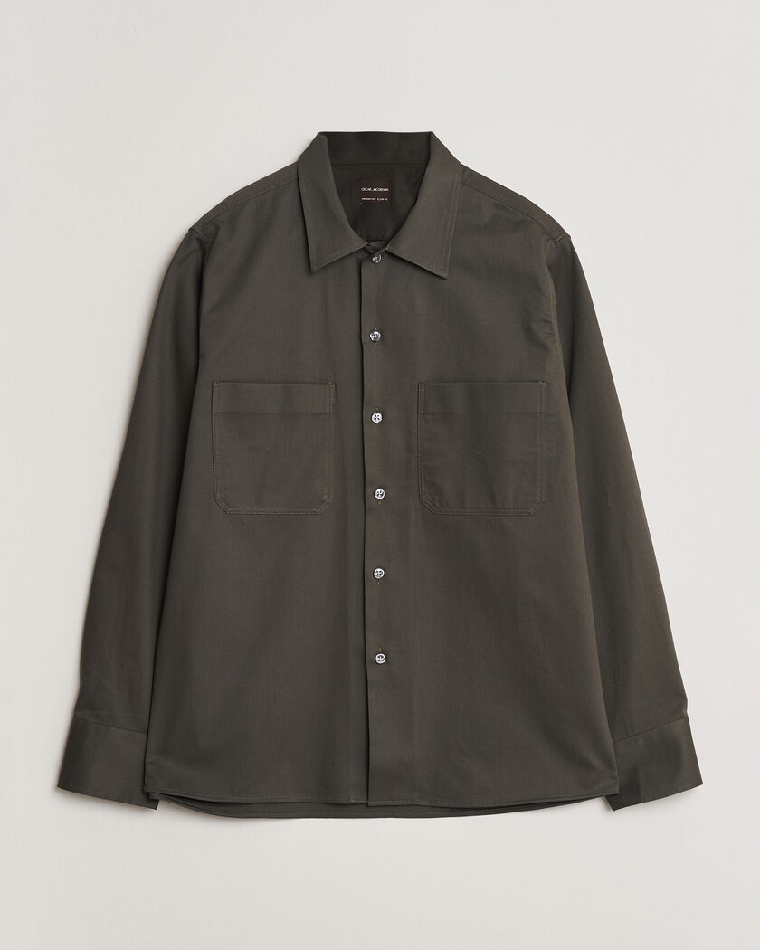 Oscar Jacobson Straight Fit Bowling Collar Cotton Shirt Olive – Groen