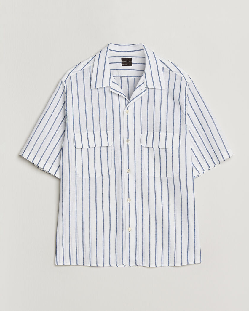 Oscar Jacobson Striped Short Sleeve Linen Shirt Navy/White – Wit