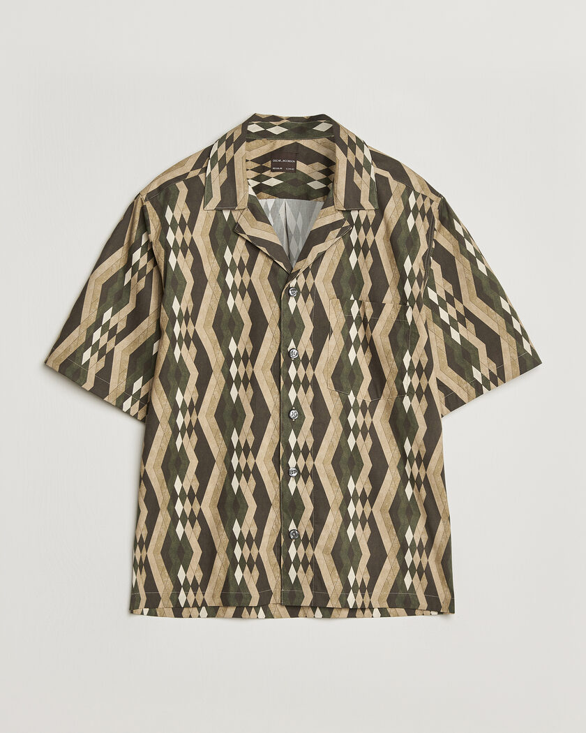 Oscar Jacobson Reg Fit Cuban Printed Short Sleeve Shirt Olive – Groen