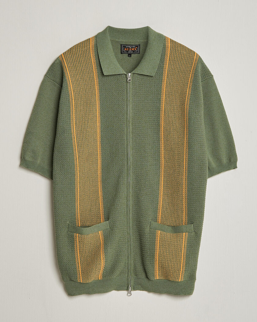 BEAMS PLUS Zip Knit Striped Polo Olive – Groen