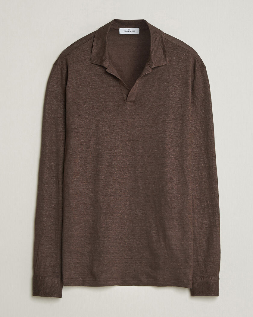 Gran Sasso Washed Linen Long Sleeve Polo Brown Melange – Bruin