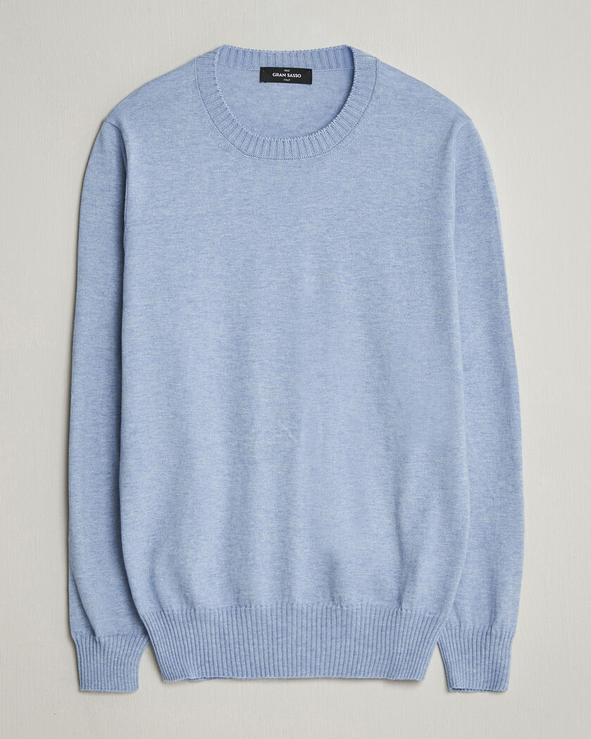 Gran Sasso Cotton/Cashmere Knitted Crew Neck Sweater Blue Melange – Blauw