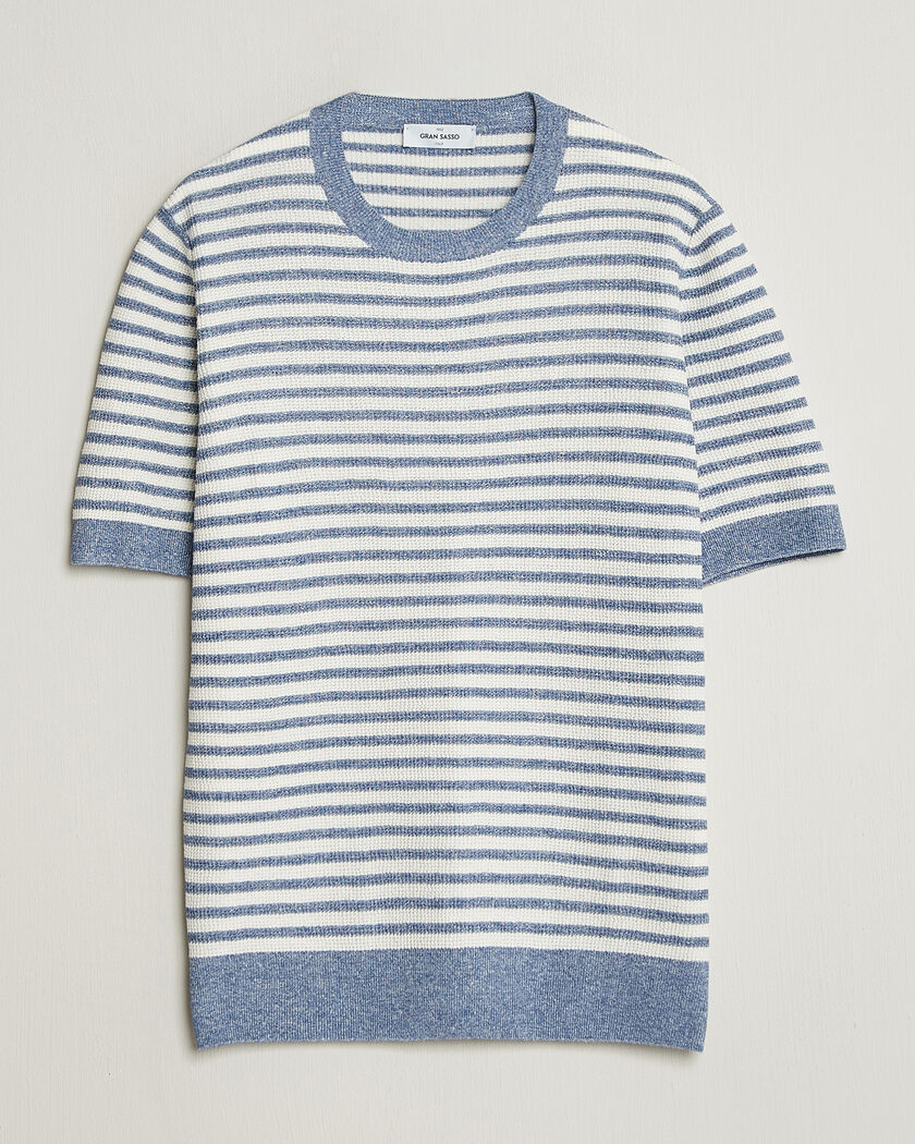 Gran Sasso Linen/Cotton Knitted Striped T-Shirt Blue/White – Blauw