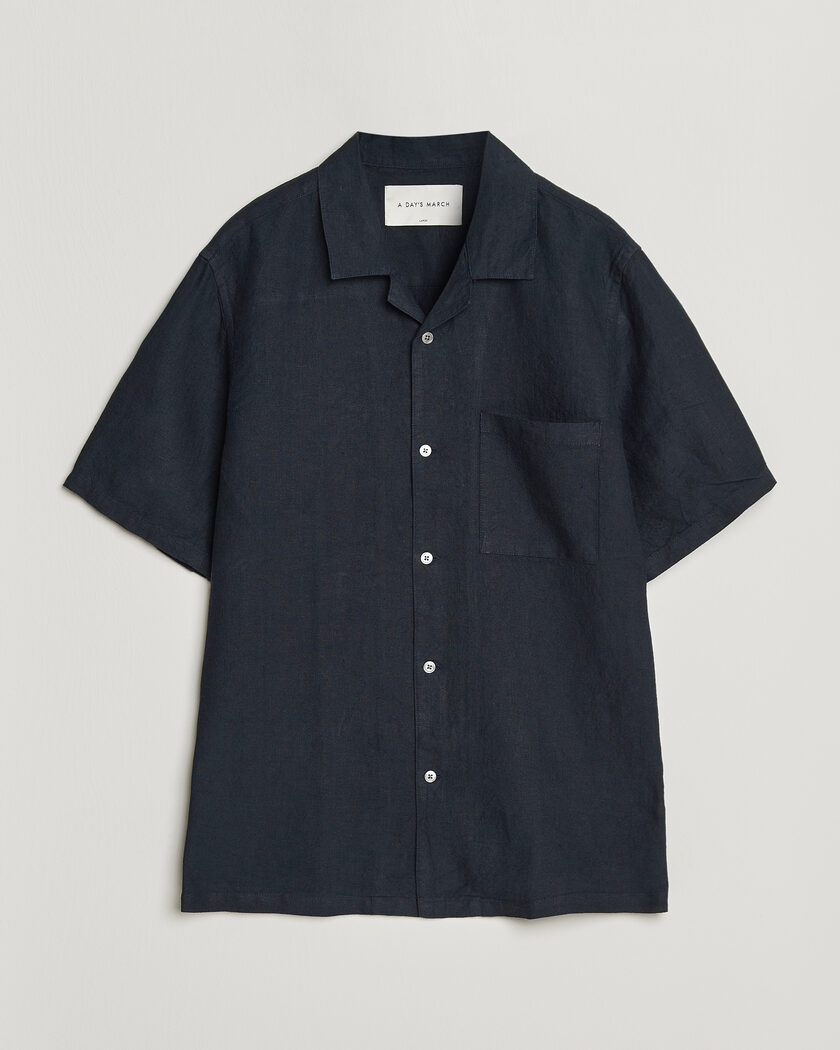 A Day's March Yamu Linen Short Sleeve Shirt Navy – Blauw