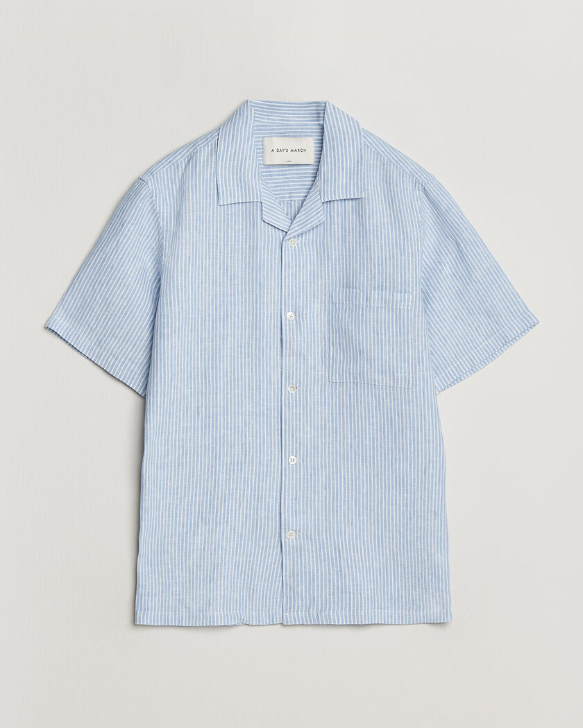 A Day's March Yamu Striped Linen Short Sleeve Shirt Light Blue – Blauw