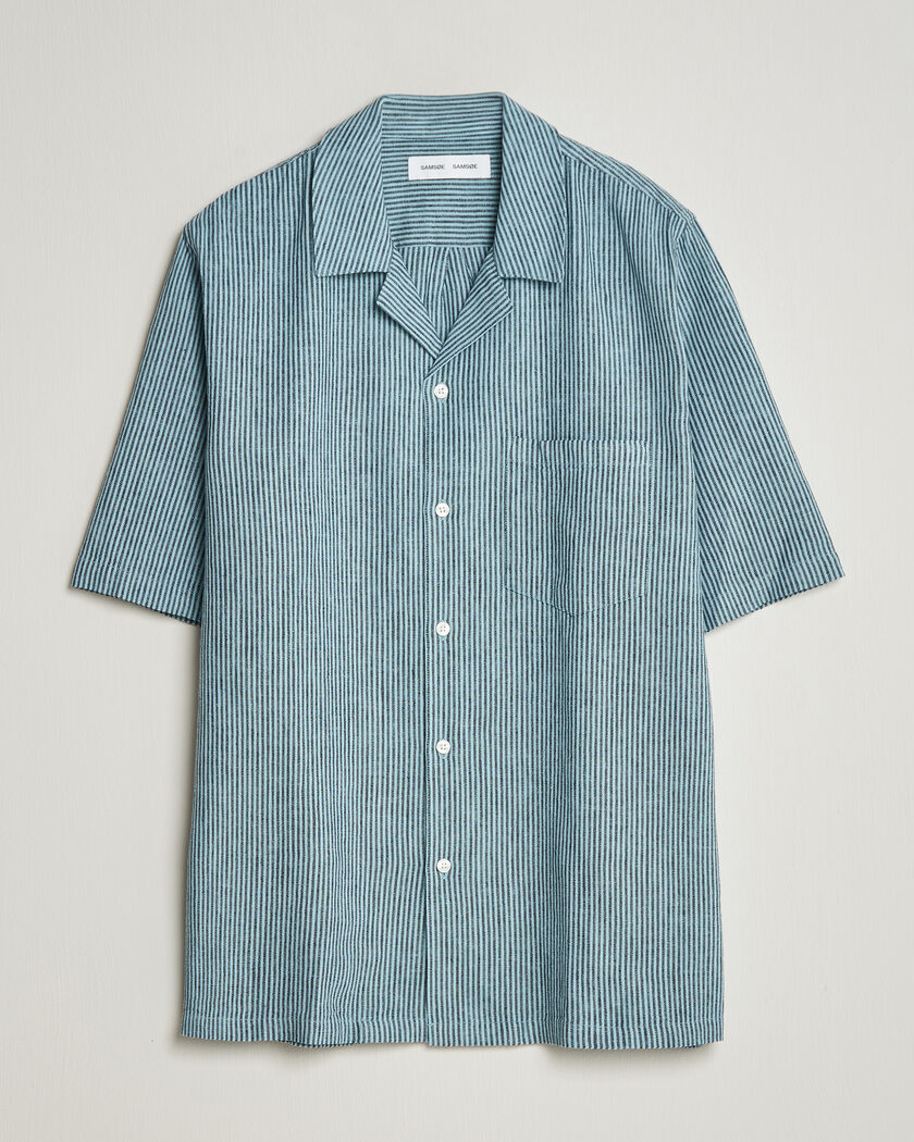 Samsøe Samsøe Oscar Linen/Cotton Striped Short Sleeve Shirt Tourmaline – Blauw