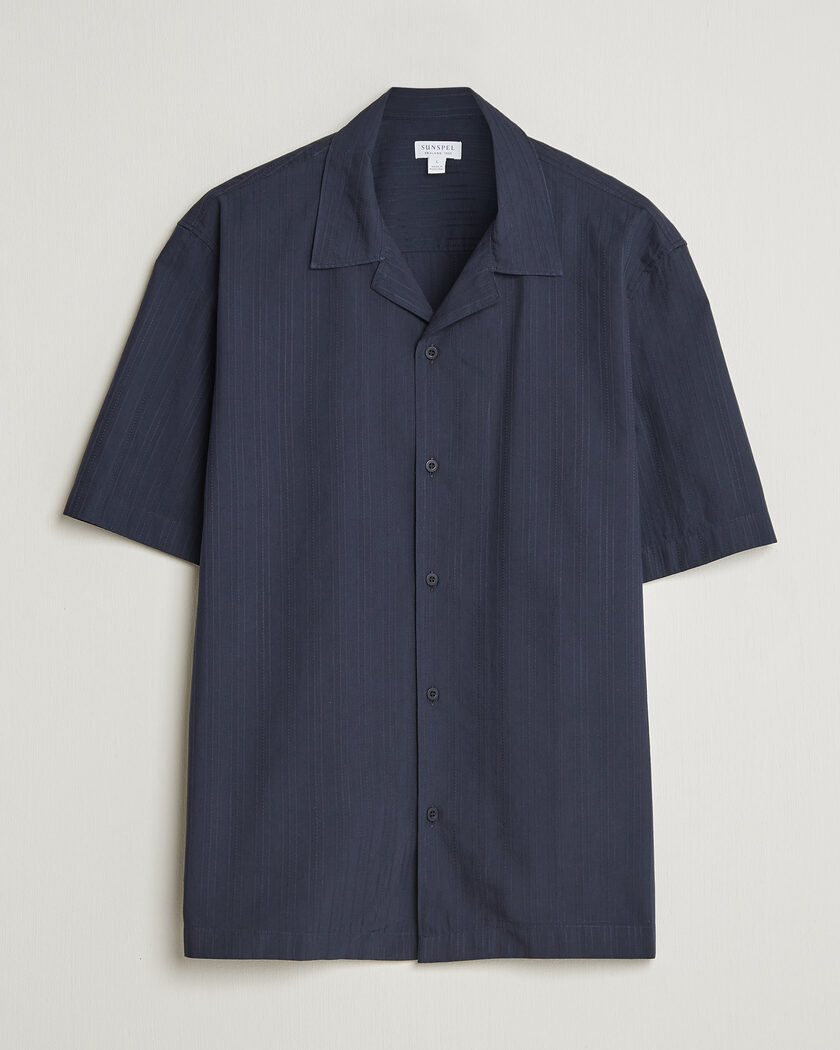 Sunspel Short Sleeve Textured Stripe Shirt Navy – Blauw