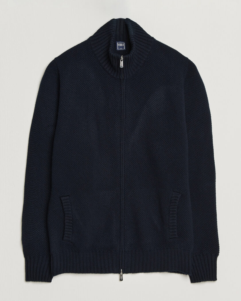 Fedeli Wool/Cashmere Honeycomb Full Zip Navy – Blauw