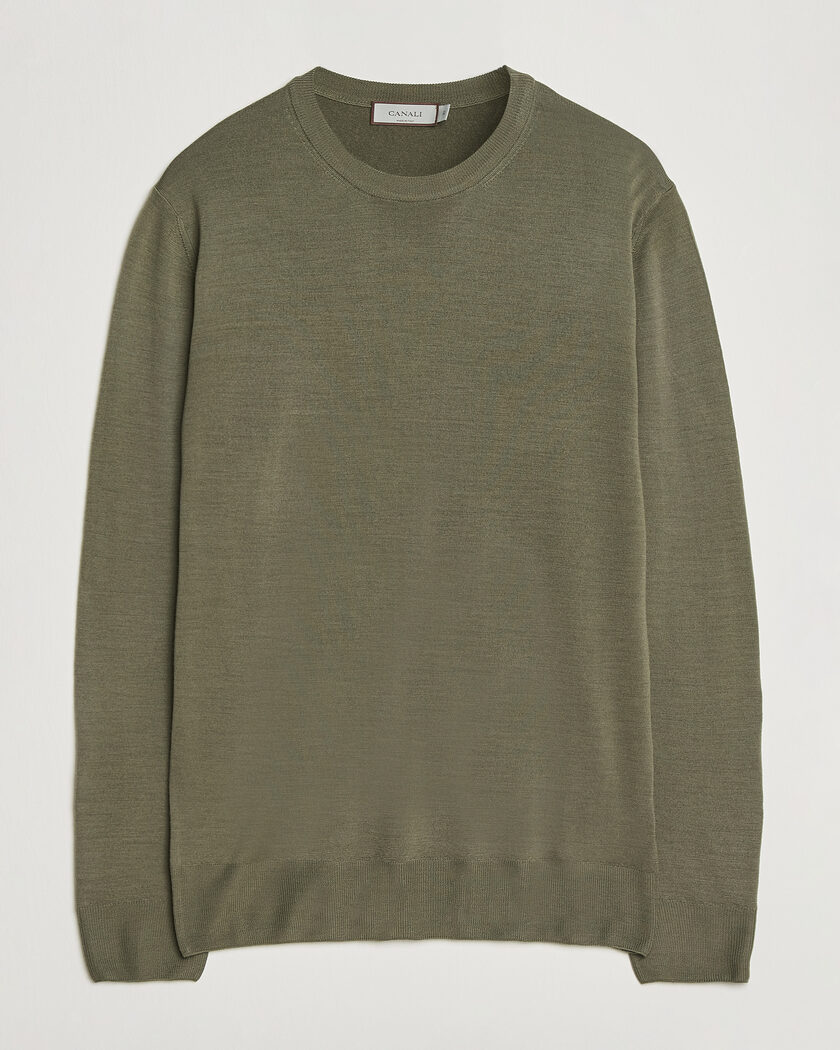 Canali Merino Wool Crew Neck Olive – Groen