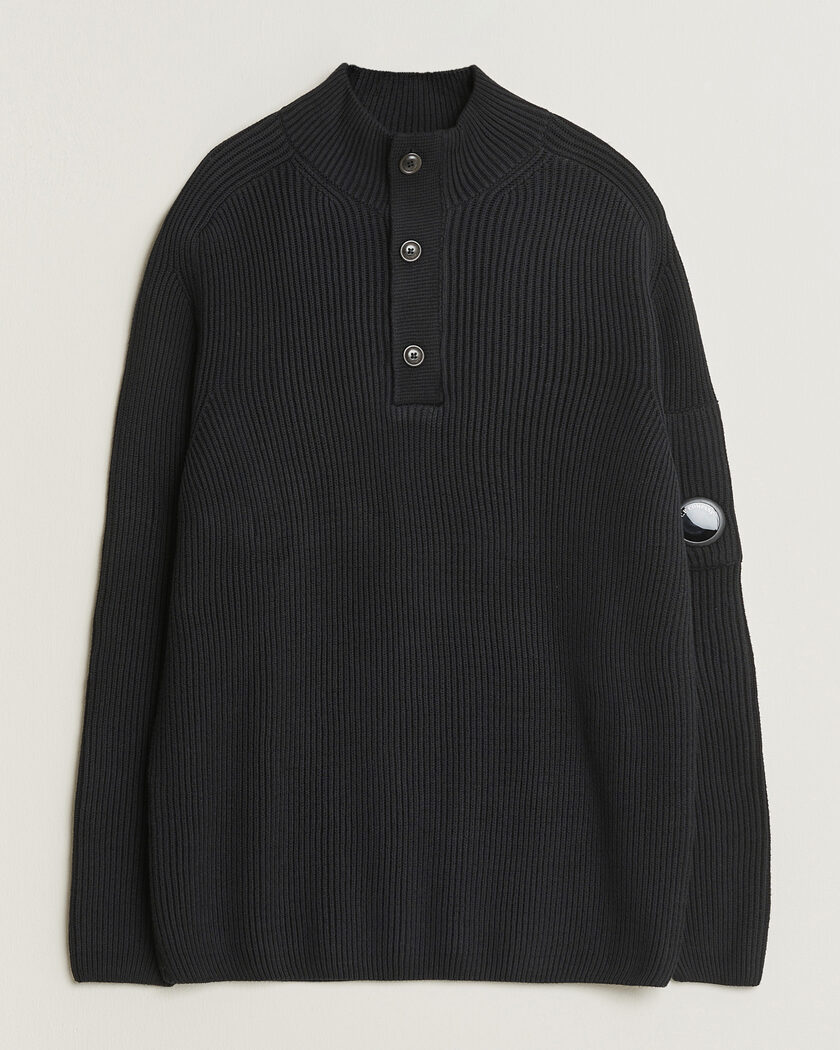 C.P. Company Full Rib Knitted Cotton Half Button Black – Zwart