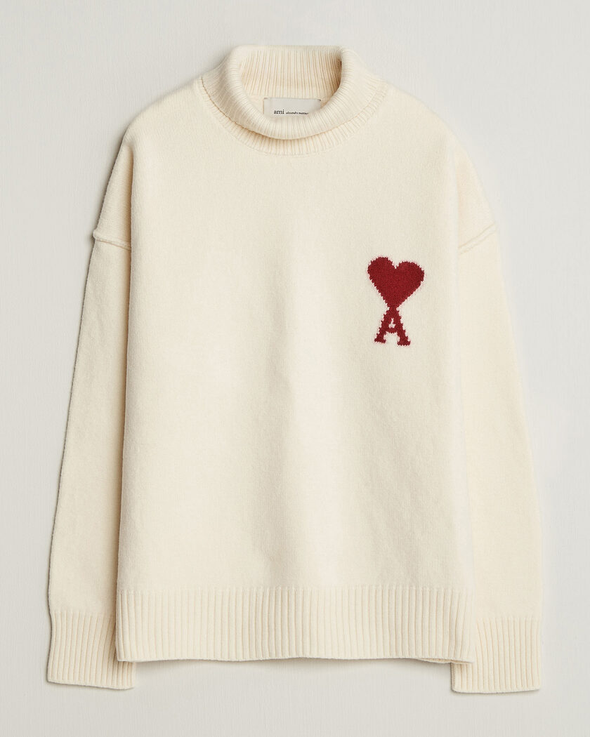AMI Big Heart Logo Wool Knitted Polo Ecru – Wit