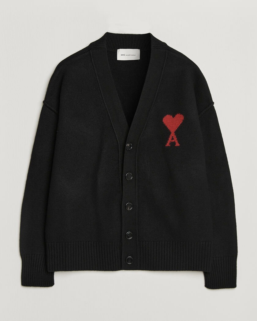 AMI Big Heart Logo Wool Knitted Cardigan Black – Zwart