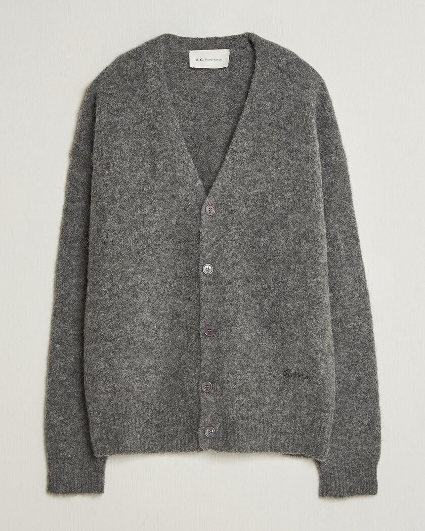AMI Signature Logo Wool Knitted Cardigan Grey Melange – Grijs