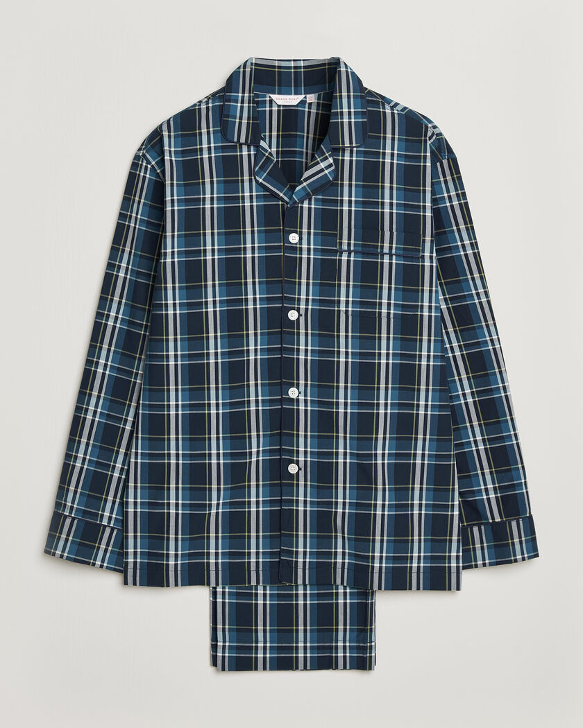 Derek Rose Piped Checked Cotton Pyjama Set Navy – Blauw