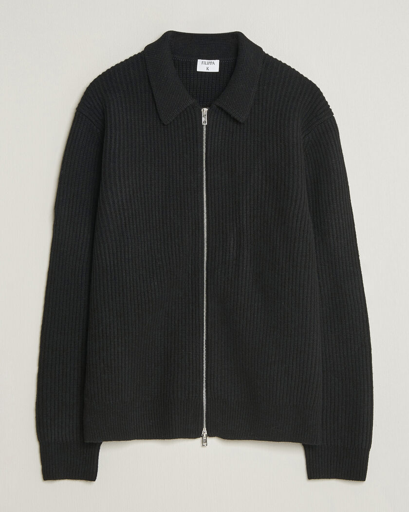 Filippa K Ribbed Wool Knitted Full Zip Black – Zwart
