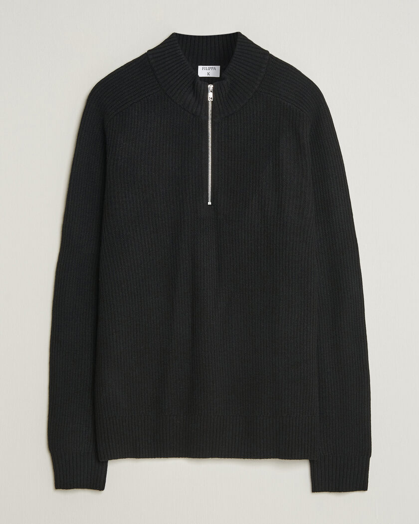 Filippa K Ribbed Wool Knitted Half Zip Black – Zwart
