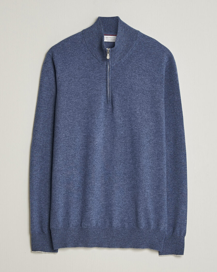 Brunello Cucinelli 2 Ply Cashmere Half Zip Denim Blue – Blauw