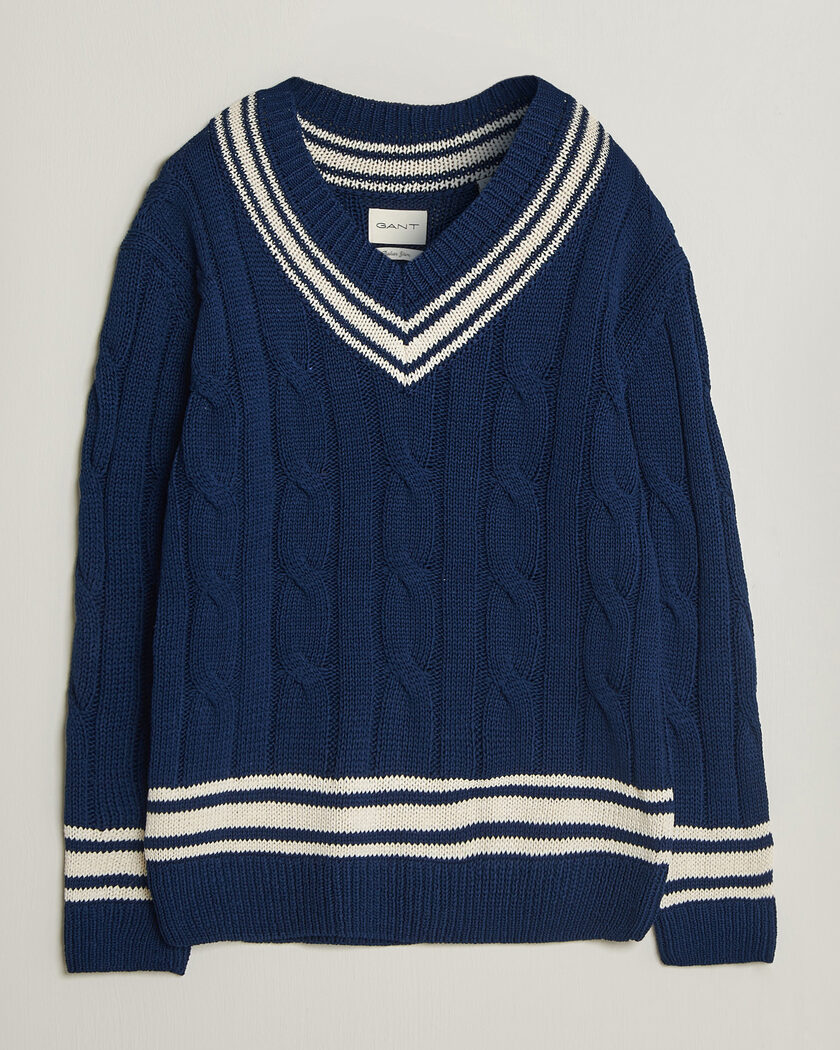 Gant Mercerized Cotton Knitted Cable V-Neck Persian Blue – Blauw