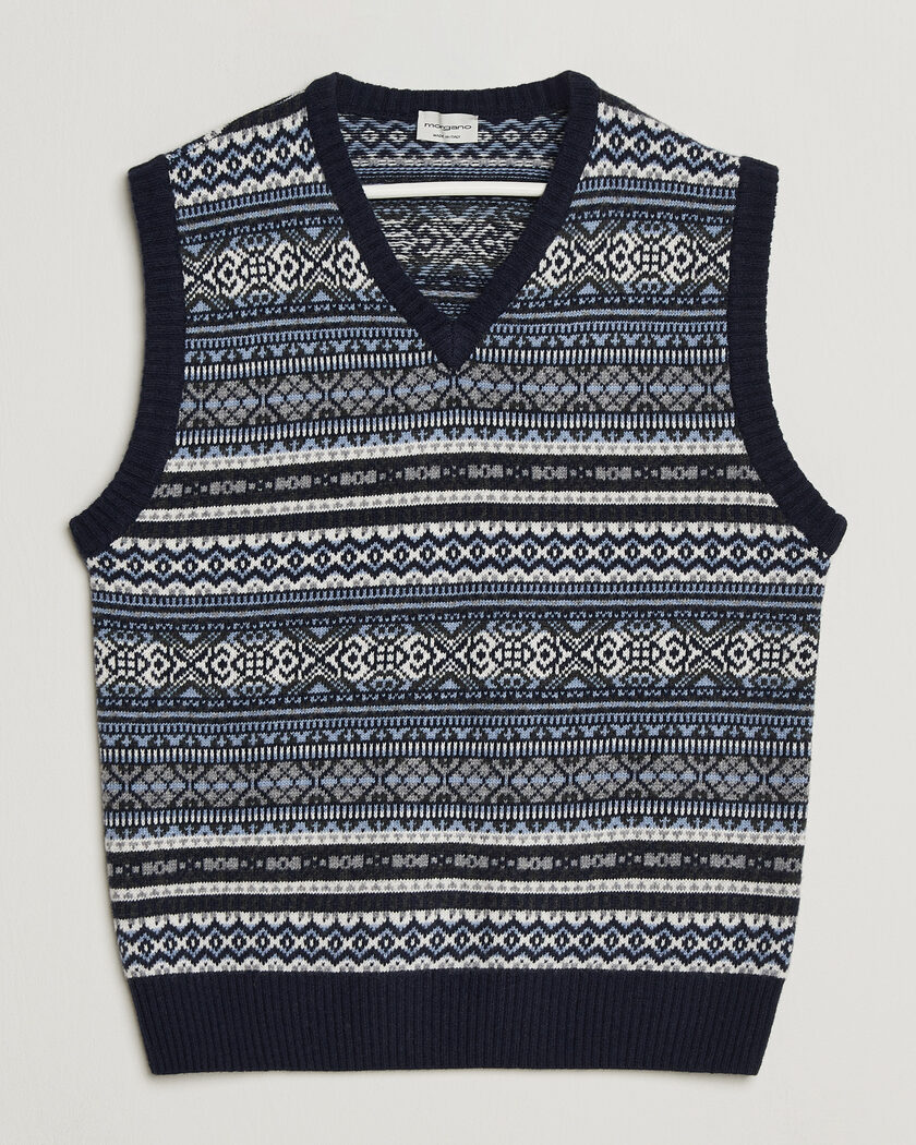 Morgano Wool/Cashmere Fair Isle Knitted Vest Navy – Blauw