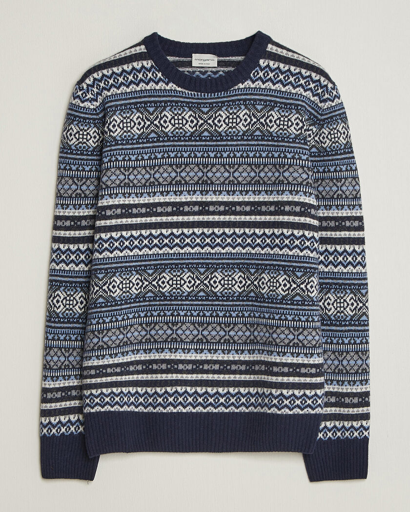 Morgano Wool/Cashmere Fair Isle Knitted Crewneck Navy – Blauw