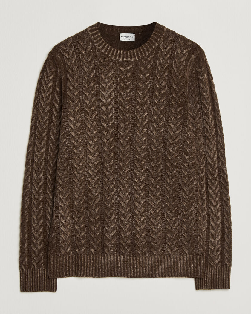 Morgano Cable Knitted Brushed Dyed Wool Crew Brown – Bruin