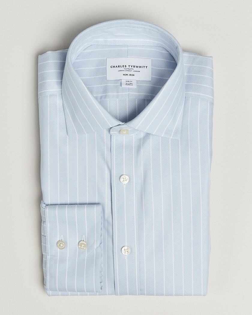 Charles Tyrwhitt Slim Fit Non Iron Herringbone Stripe Shirt Light Blue – Blauw