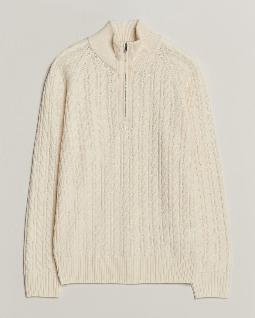 BOSS BLACK Furore Wool/Cashmere Cable Half Zip Open White – Wit