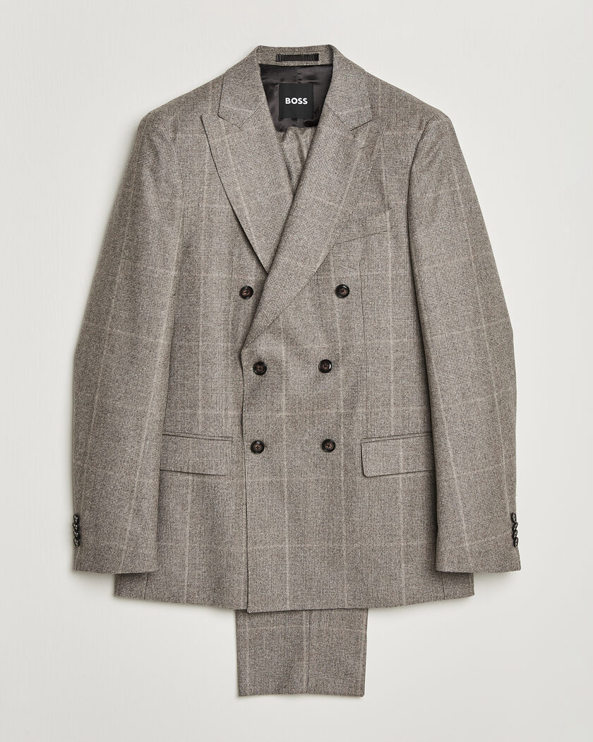 BOSS BLACK Huge Wool Checked Double Breasted Suit Open Brown – Bruin