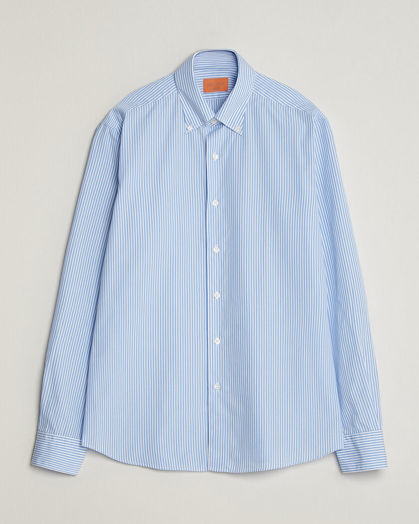  Grigio Popeline Button Down Shirt Light Blue Stripe – Blauw