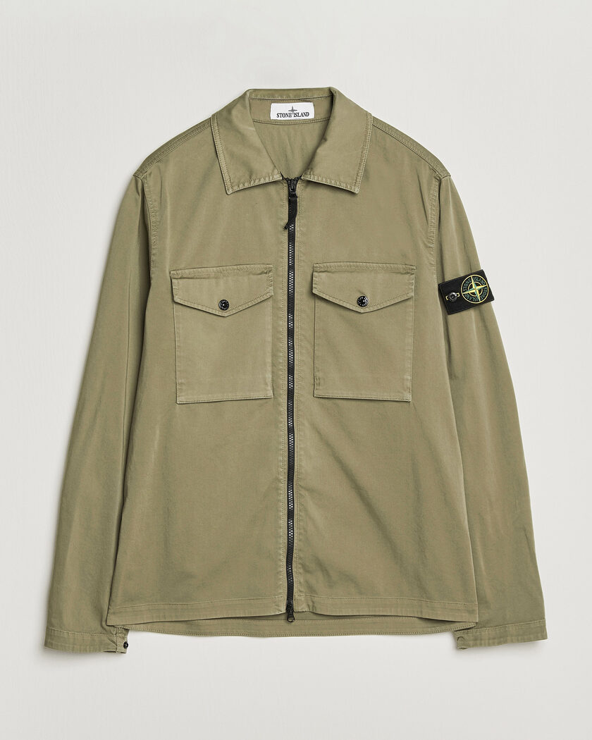 Stone Island Organic Cotton Satin Stretch Zip Overshirt Miltary Green – Groen