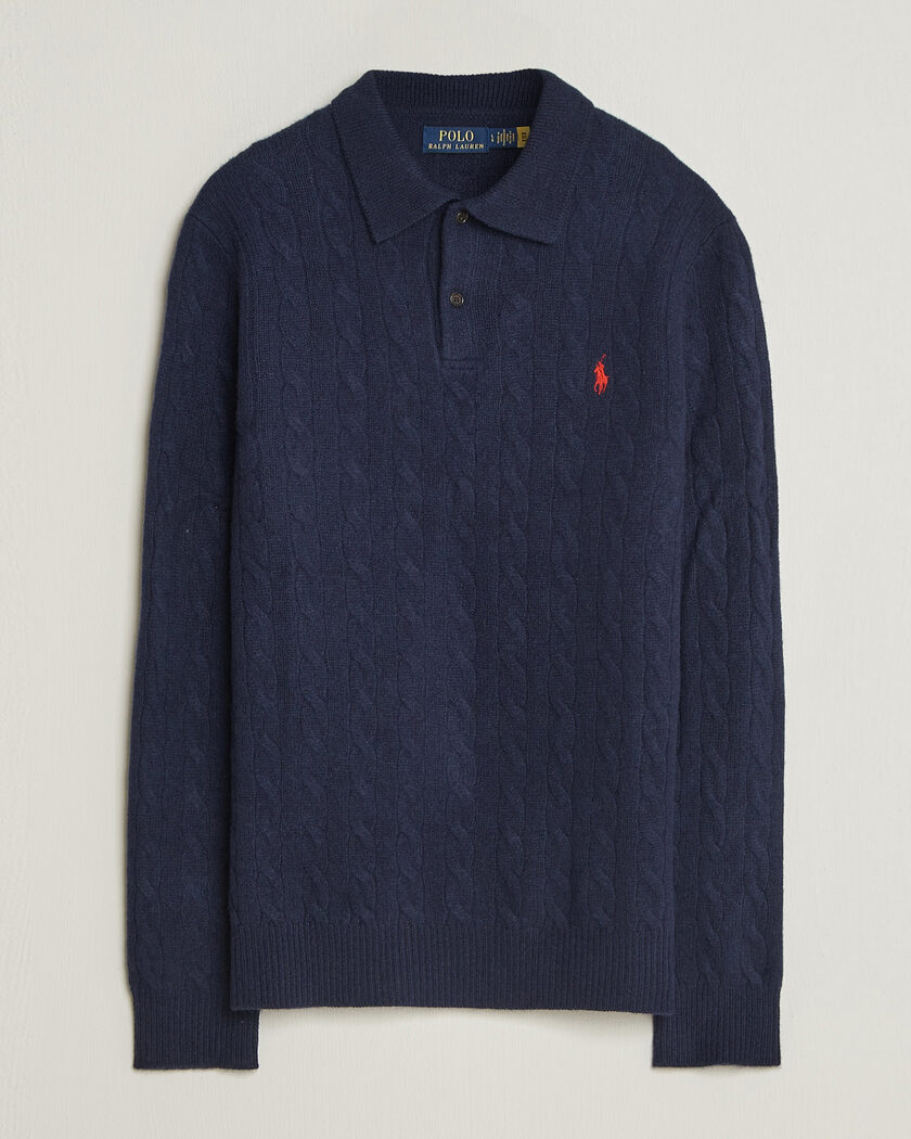 Polo Ralph Lauren Wool/Cashmere Cable Knit Polo Hunter Navy – Blauw