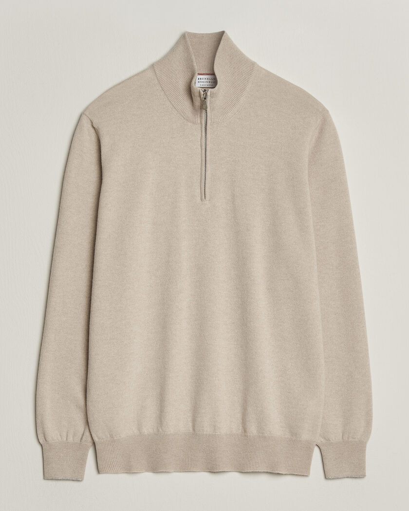Brunello Cucinelli 2 Ply Cashmere Half Zip Sand – Beige