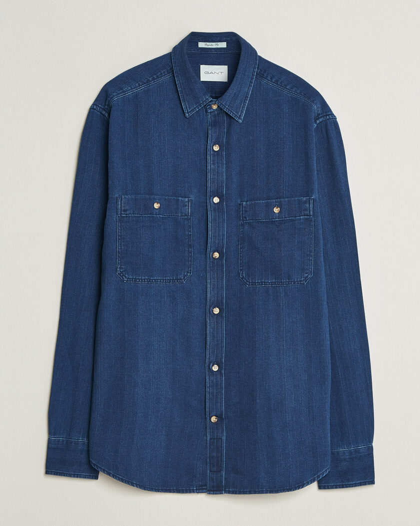 Gant Regular Fit Indigo Herringbone Overshirt Mid Blue – Blauw