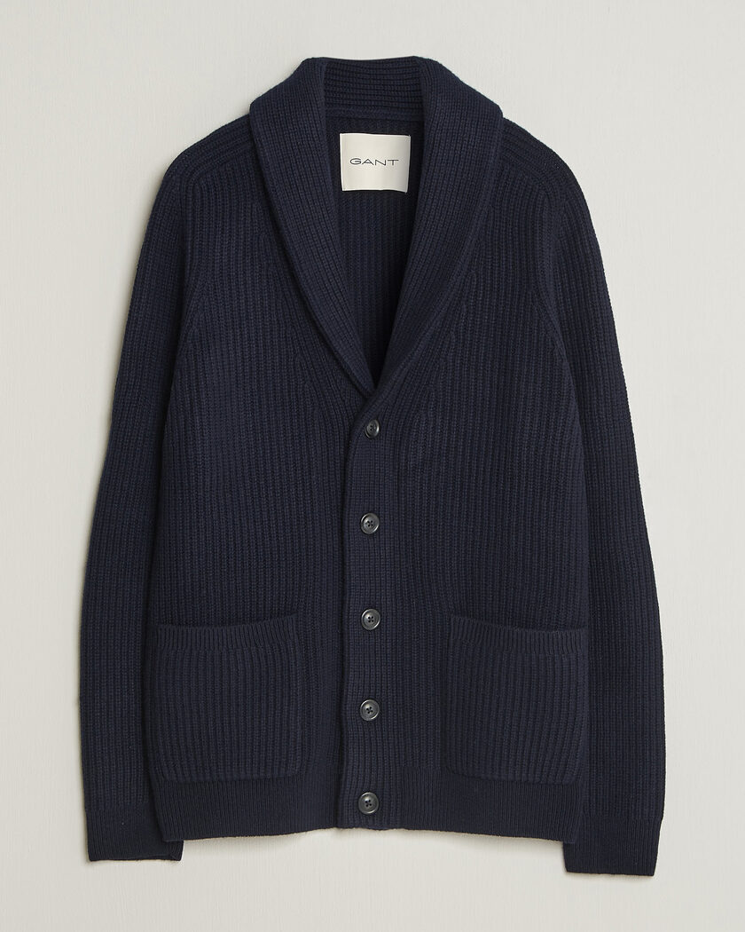 Gant Wool/Cotton Ribbed Shawl Collar Cardigan Evening Blue – Blauw