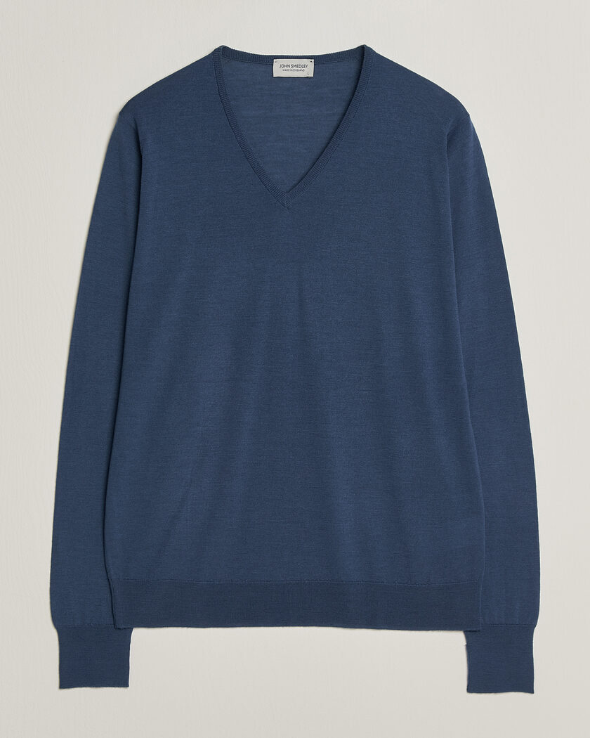John Smedley Bobby Extra Fine Merino V-Neck Pullover Teal Firth – Blauw