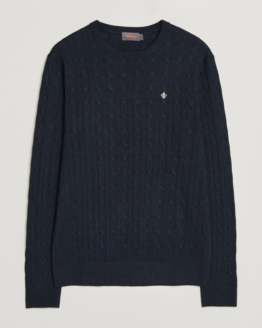Morris Merino Cable O-Neck Navy – Blauw